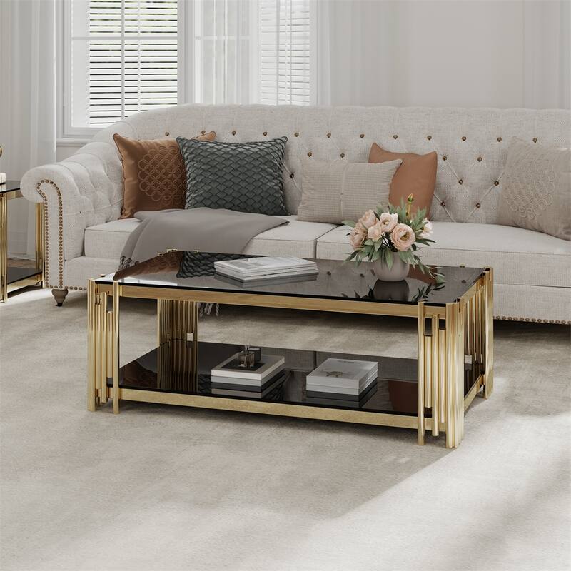 Rectangular Coffee Table with Black Tempered Glass Top