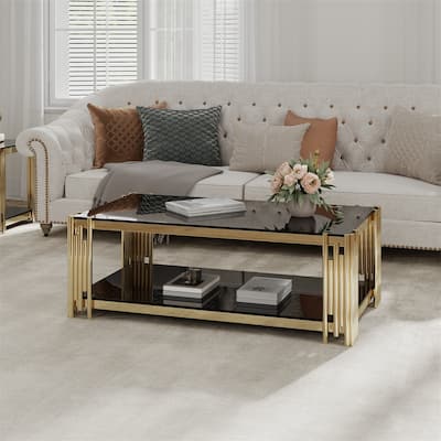 Rectangular Coffee Table with Black Tempered Glass Top