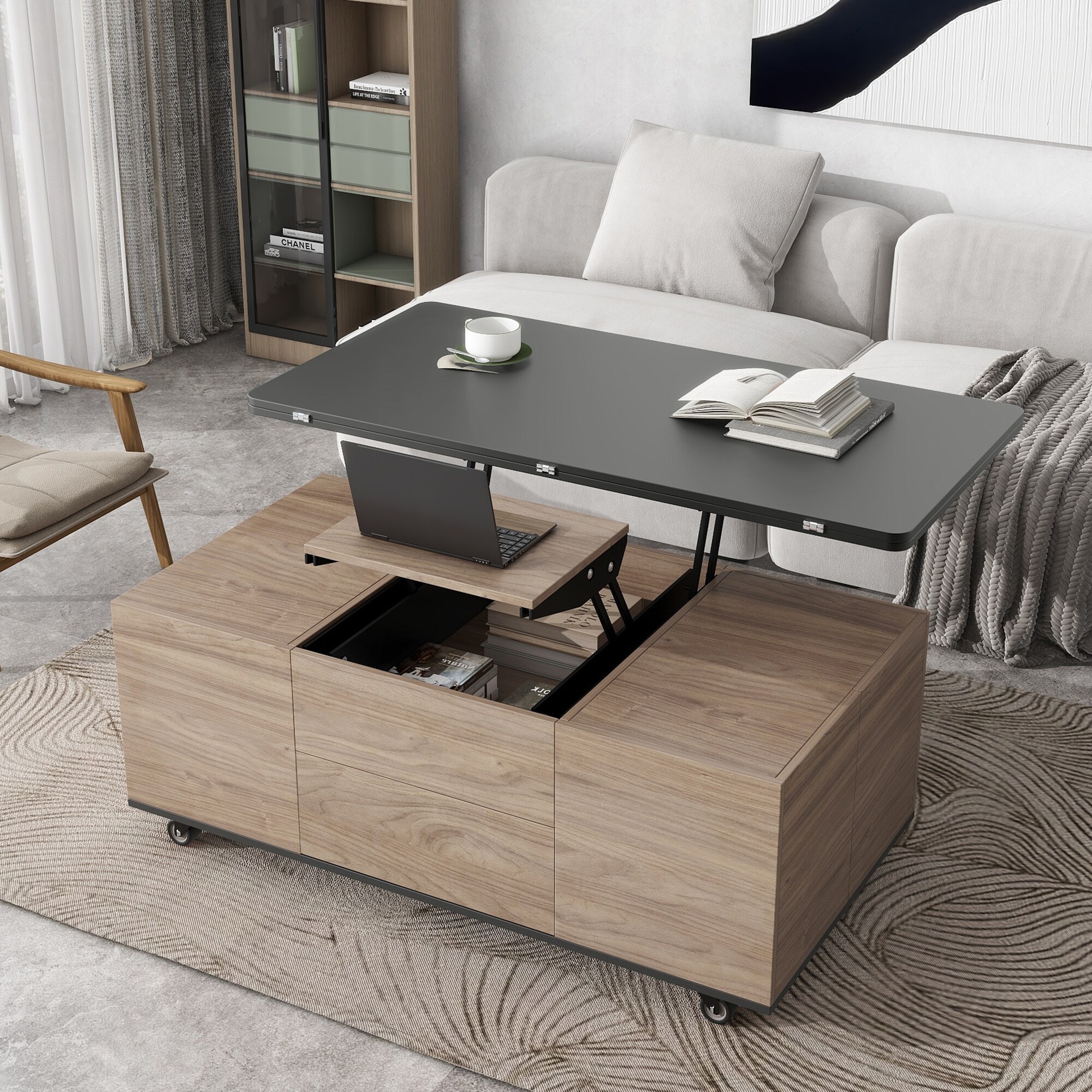 Multifunctional lift top coffee table hotsell with storage stools and wheels