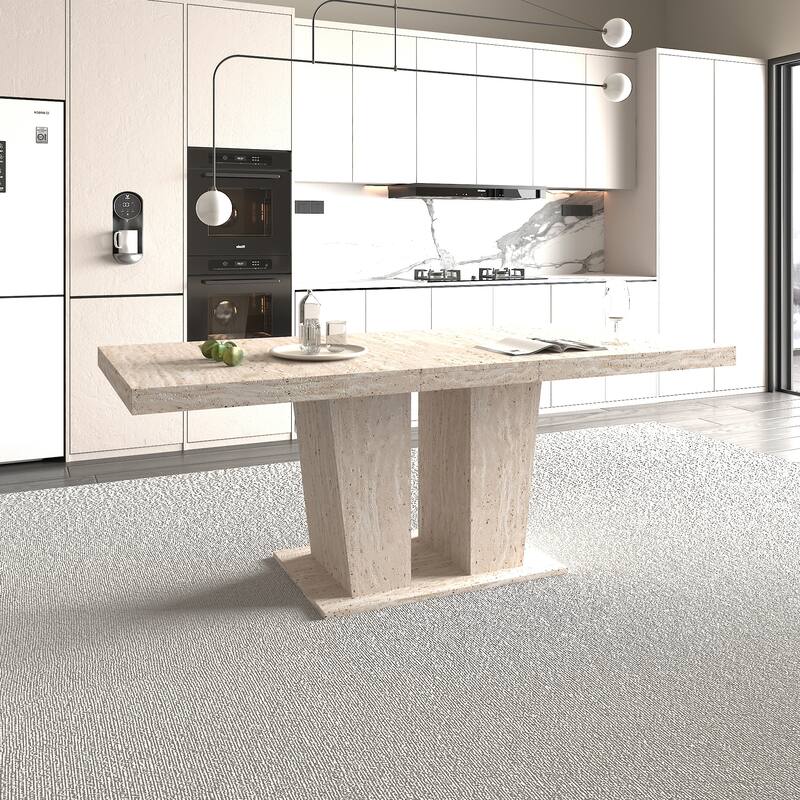 Rectangular Extendable Dining Table, Suitable for 6-10 People, with Veined Travertine Pattern, Dimensions 160-200 cm - Beige