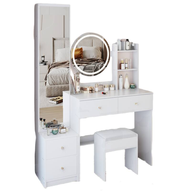 Vanity Set w/ 3-Color Light, Full Body Mirror Cabinet, Cushioned Stool