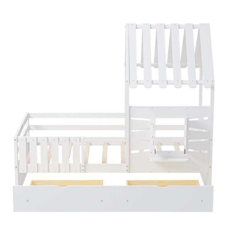 Twin Size House Bed With 2 Drawers and Guardrails