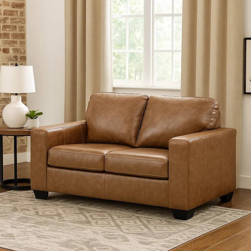 Miller Loveseat, Plush Caramel Brown Real and Faux Leather 62 Inch
