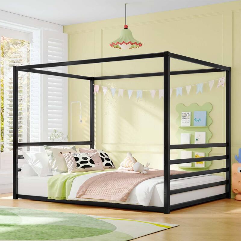 Sunshade Floor Bed,Iron Frame with Fence-Style Guardrails,Modern Low-Profile Design - Black-Queen Size