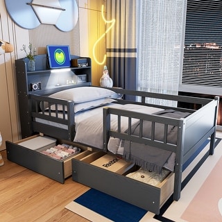 Twin Size Kids Platform Bed Frame with Guardrail, Drawers, Built-in LED Light, Storage Headboard with USB Port