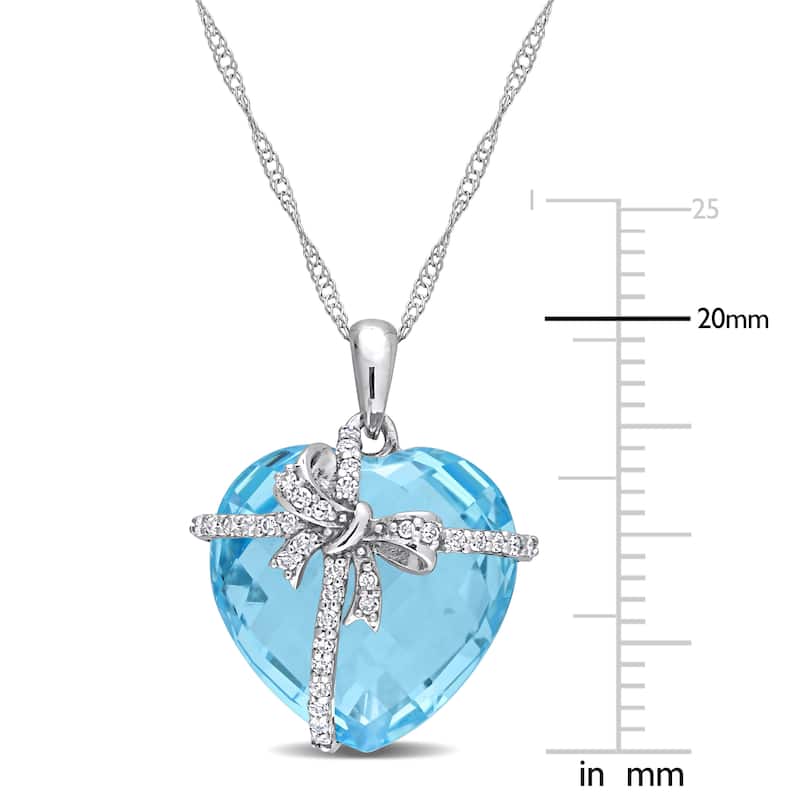 Miadora 14 1/2ct TGW Heart-cut Blue Topaz and 1/8ct TDW Diamond Bow Necklace in 10k White Gold