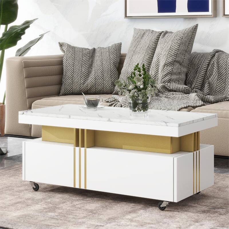 Coffee Table with 2 Storage Drawers, Rectangle Cocktail Table Center Table with Caster Wheel for living Rooms, Offices, Lounges