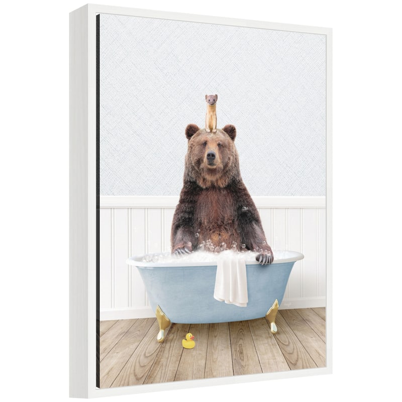 Kate and Laurel Sylvie Bear and Weasel in Cottage Blue Bathtub Framed Canvas by Amy Peterson - White