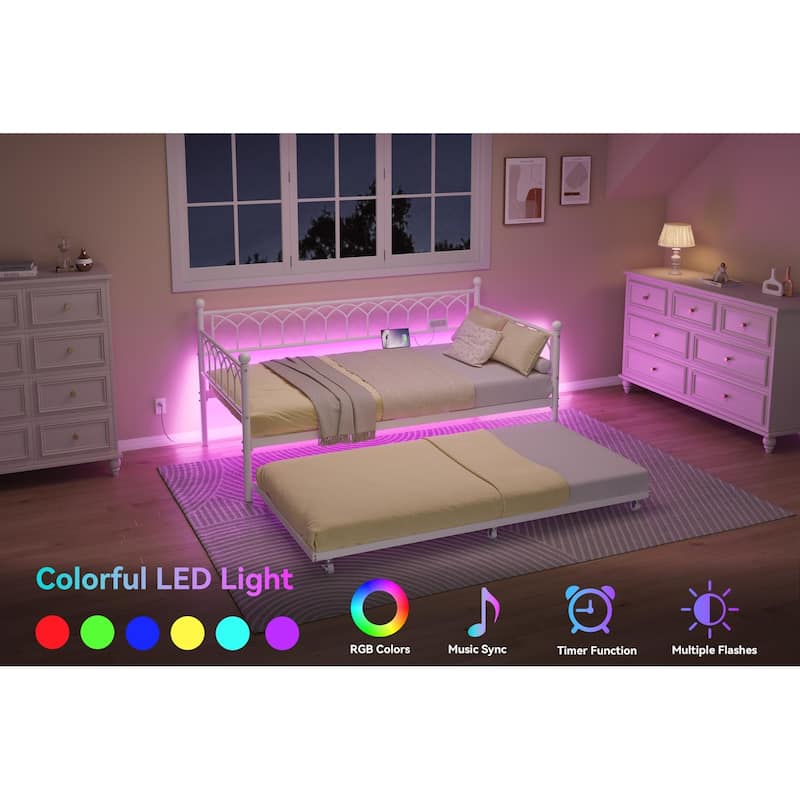 Heavy Duty Metal Platform Sofa Bed Frame, with Charging Station and LED Lights