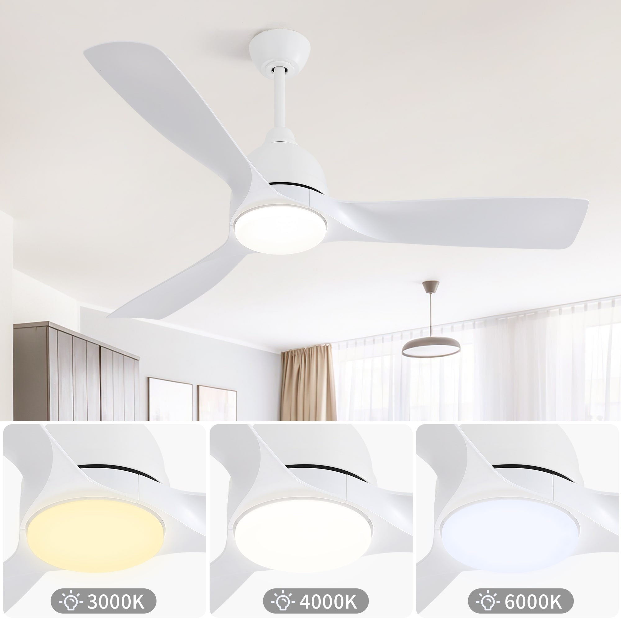 SHIHOT 54" White Ceiling Fan With Light & Remote – 3-Color Dimmable LED, 6 Speeds, Reversible DC Motor, Quiet