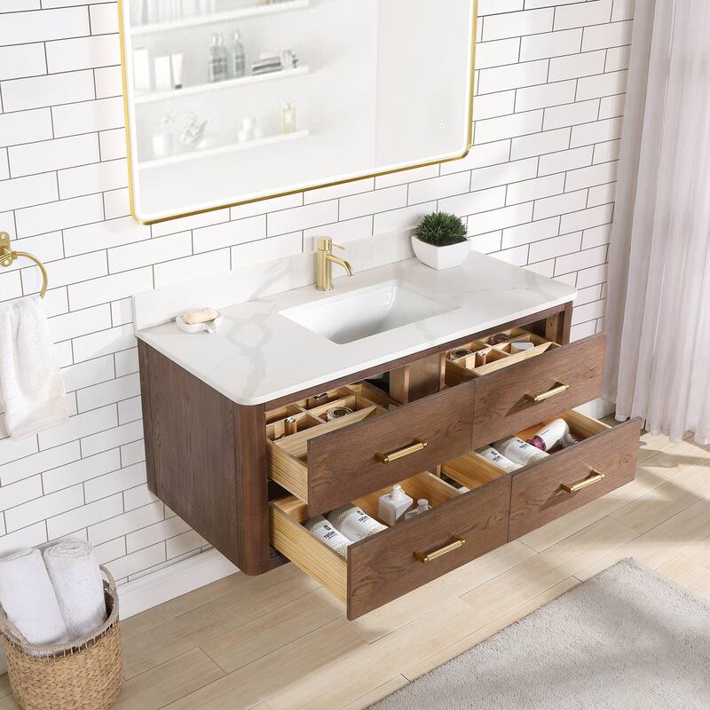 Cristo Floating Bath Vanity with White Quartz Stone Top and Mirror