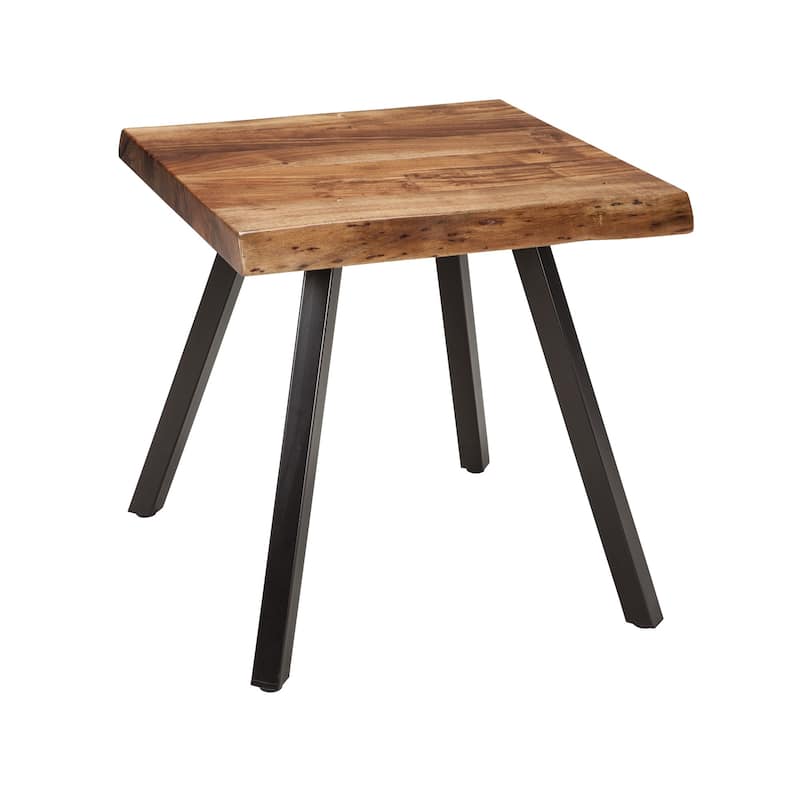 24 Inch Brown Acacia Wood End Table, Live Edges, Angular Black Metal Legs