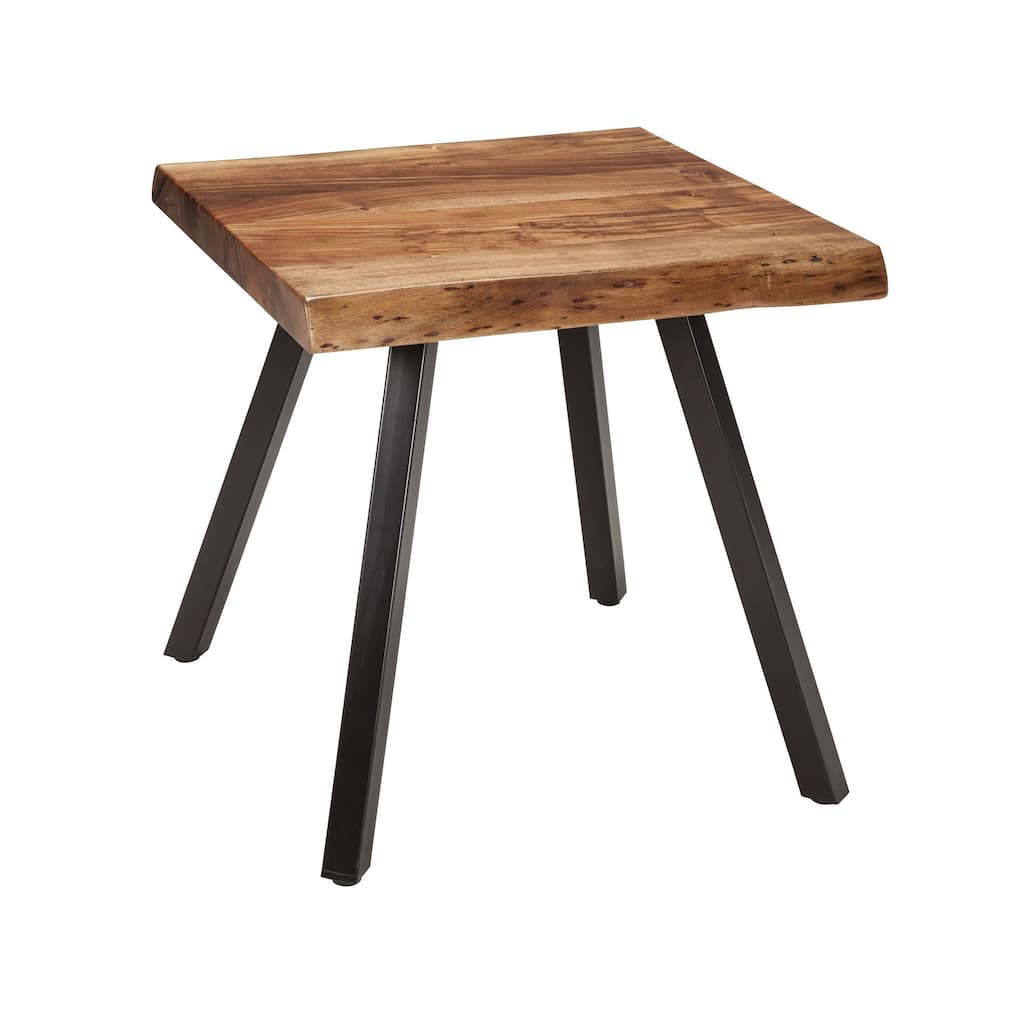 24 Inch Brown Acacia Wood End Table, Live Edges, Angular Black Metal Legs