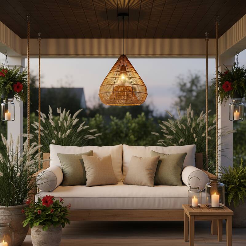 Serina 1-Light Wicker Outdoor Pendant Light, Coastal Boho Dome - Handwoven