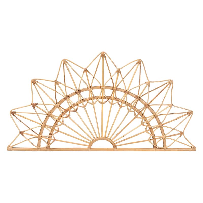 Solara Natural Rattan Headboard - Handwoven Wicker Wall-Mount Headboard in Sunburst Shape, Coastal Boho Bedroom Backdrop, Queen