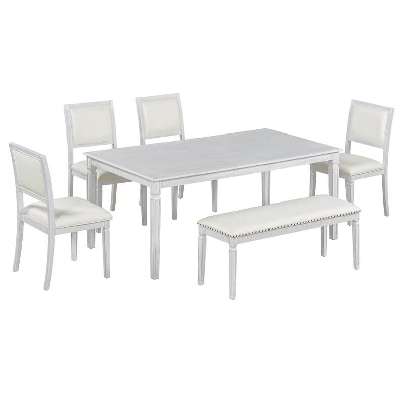 Roomfitters Extendable Rectangular Dining Table, 4 Upholstered Seats, Long Bench, 6-Piece Farmhouse Set