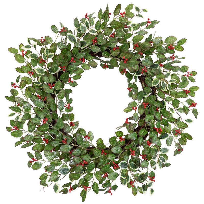 Glittered Holly and Berry Artificial Christmas Wreath - 24" - Unlit