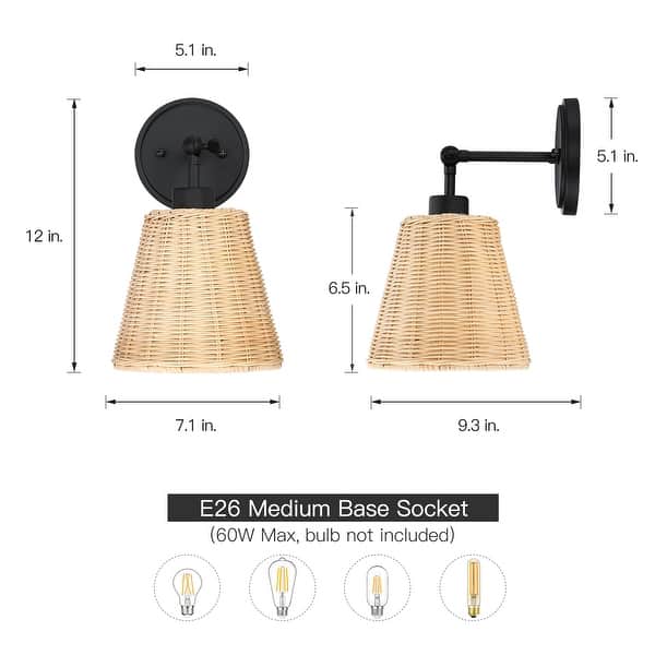 dimension image slide 0 of 2, 1-Light Boho Natural Rattan Hardwired Wall Sconce with Adjustable Swivel Swing Arm