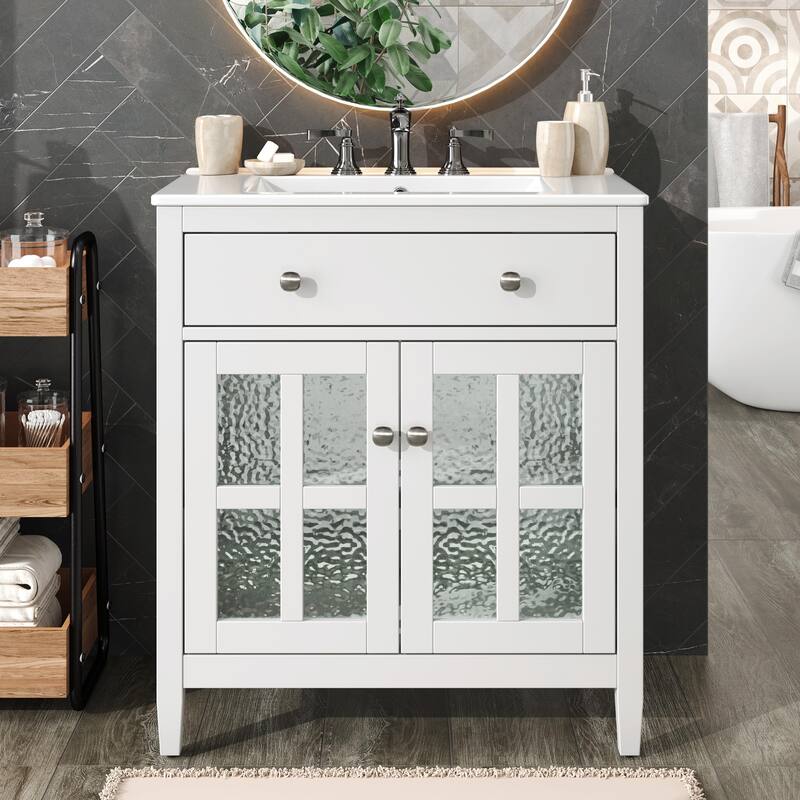 30" Bathroom Vanity with Ceramic Sink, Equipped with Adjustable Shelf and Tip-Out Tray - White