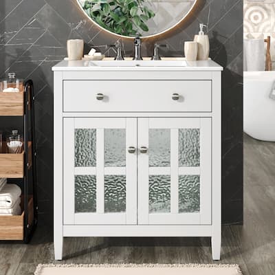 30" Bathroom Vanity with Ceramic Sink, Equipped with Adjustable Shelf and Tip-Out Tray