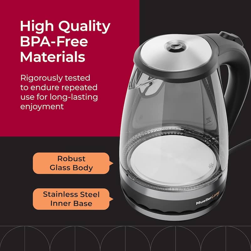 MuellerLiving Electric Glass Kettle 1.5L 1500W LED Light, Automatic Shut-Off with SpeedBoil Tech and Boil-Dry Protection - 1.5 L