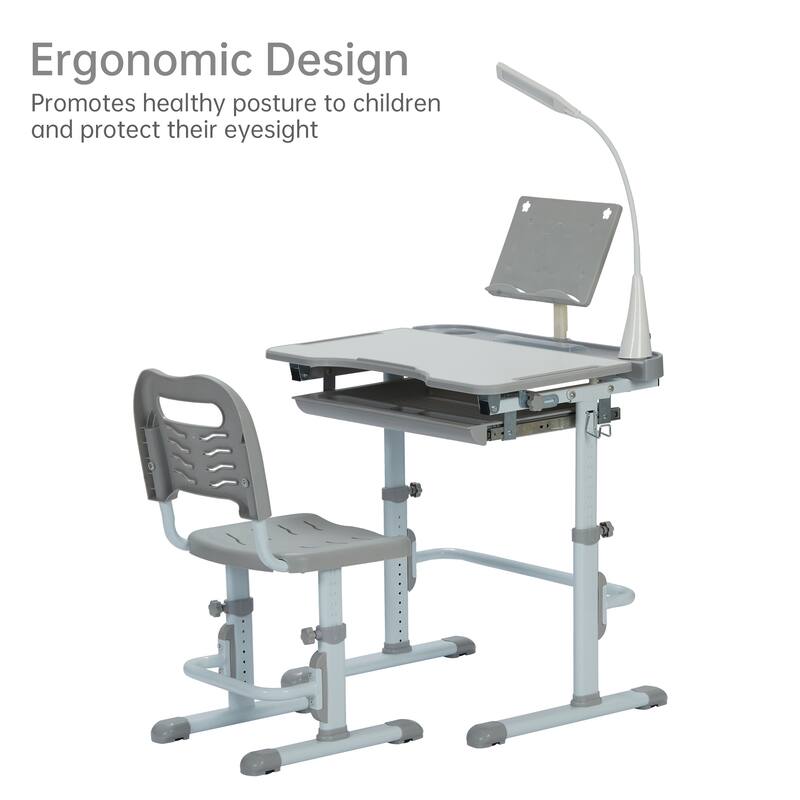 Ukuowu Height Adjustable Child's School Study Kids Desk and Chair Set with Tilt Desktop, LED Light, Storage Drawer, Book Stand