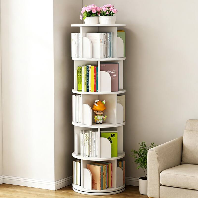 Rotating Bookshelf, 360 Display 5 Tier, Floor Standing Bookcase Storage Rack, Wood Narrow Book Shelf Organizer
