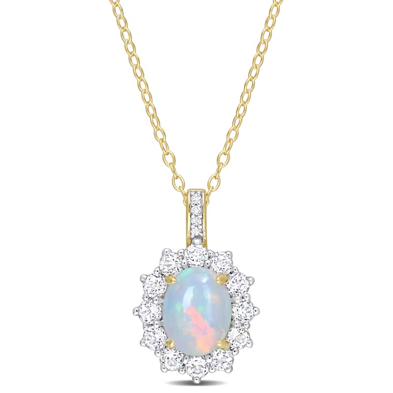 Miadora 2 1/6ct TGW Blue Ethiopian Opal White Topaz Diamond Accent Necklace Yellow Silver