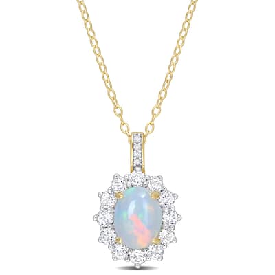 Miadora 2 1/6ct TGW Blue Ethiopian Opal White Topaz Diamond Accent Necklace Yellow Silver