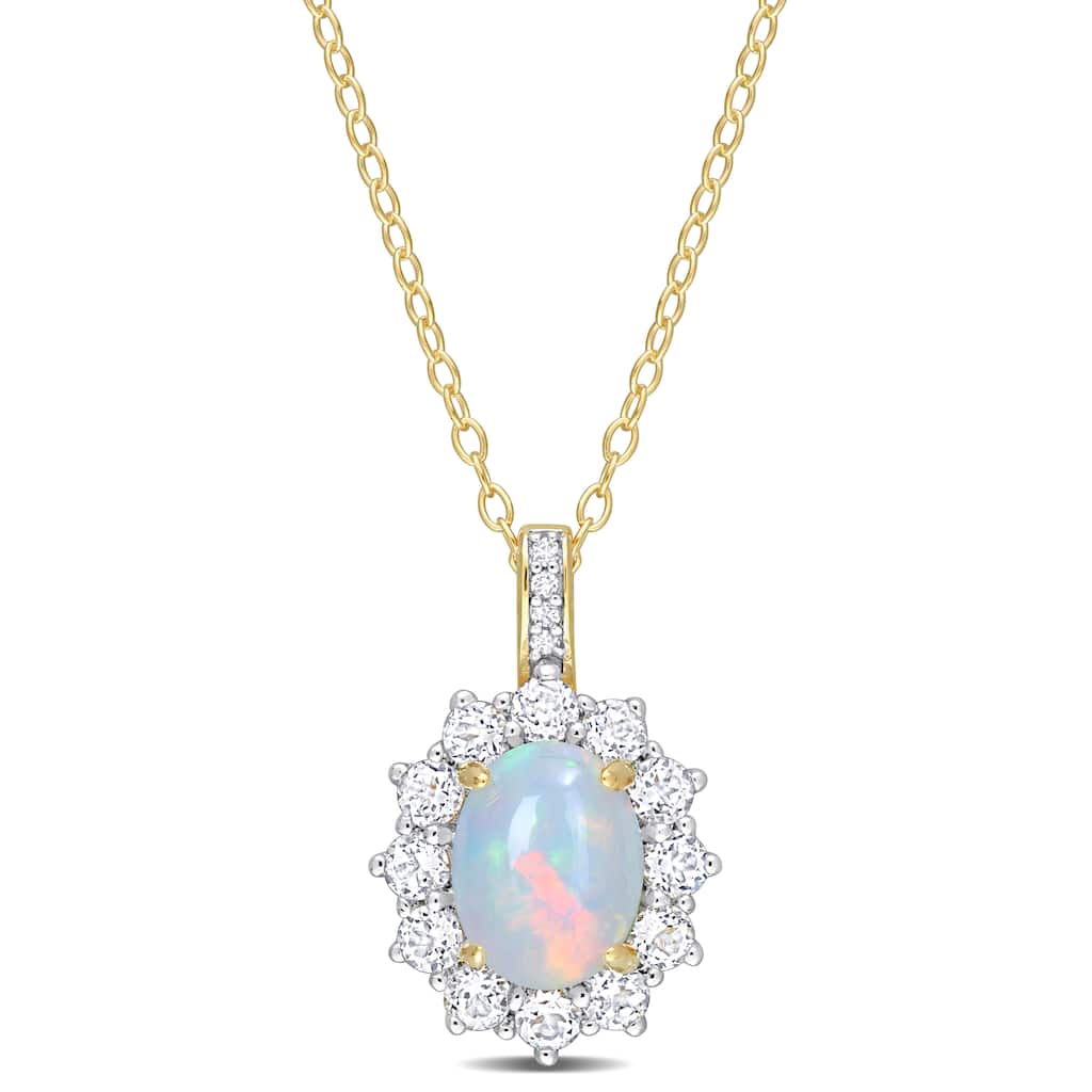 Miadora 2 1/6ct TGW Blue Ethiopian Opal White Topaz Diamond Accent Necklace Yellow Silver