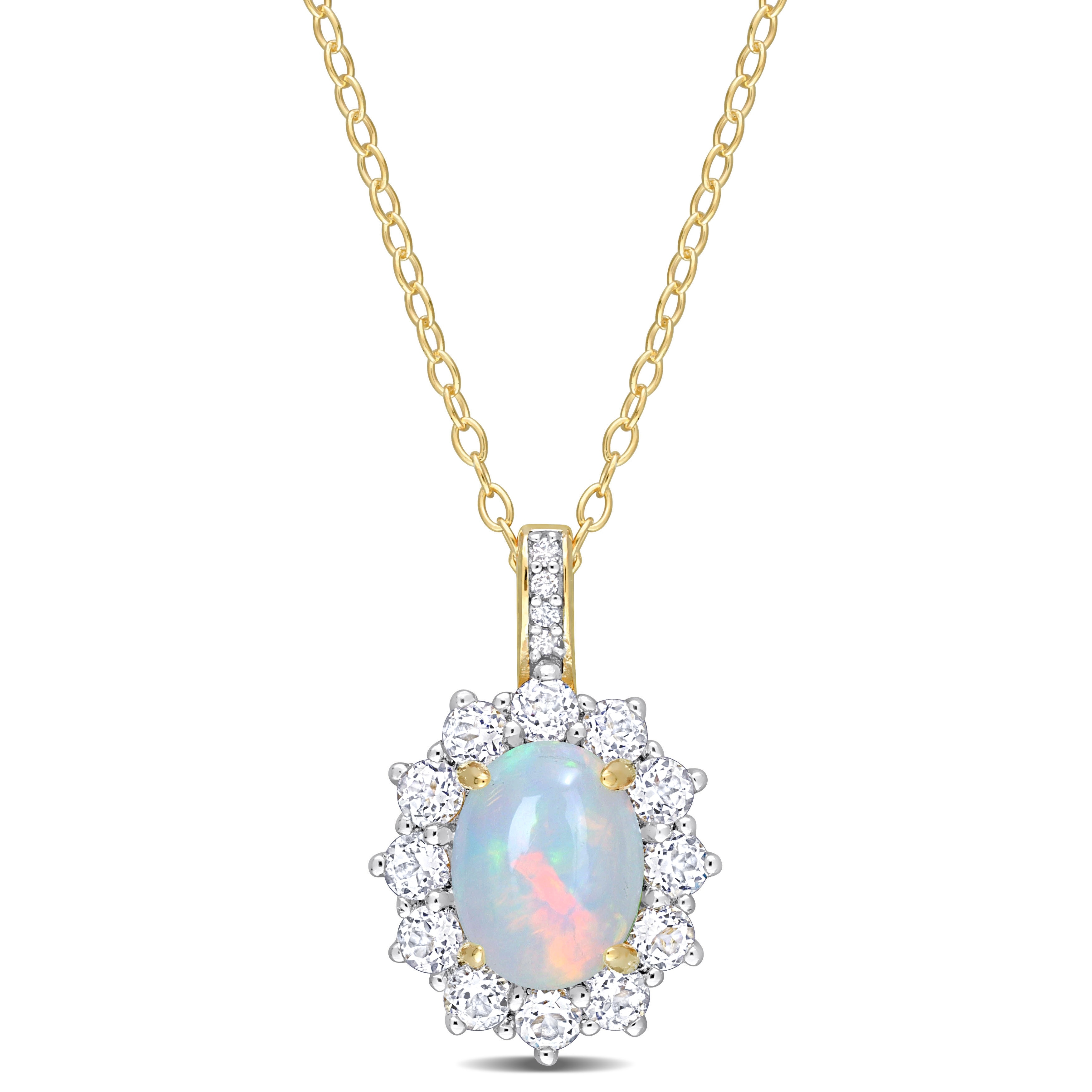 Miadora 2 1/6ct TGW Blue Ethiopian Opal White Topaz Diamond Accent Necklace Yellow Silver