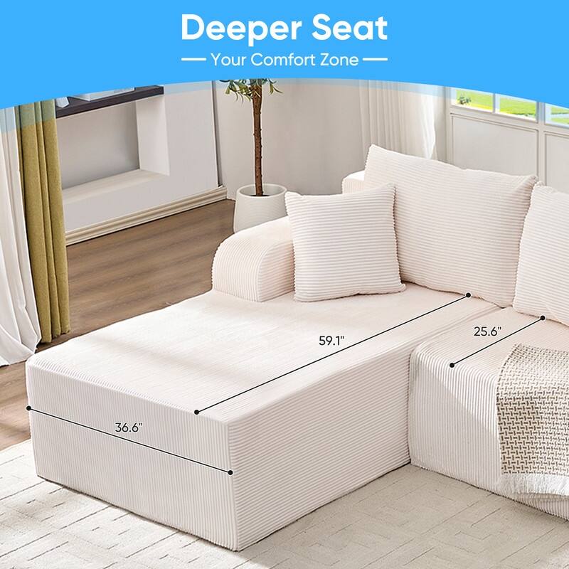 Mixoy 2-Pcs Free Combination Modular Sectional Sofas with Deep Seat,Corduroy L-Shaped Sofa with Chaise Lounge - 3-Seater