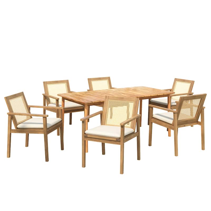 Roomfitters Outdoor Dining Set 7 Piece Acacia Wood Table Open Lattice Wicker Chairs, Teak Beige - Teak+ Beige