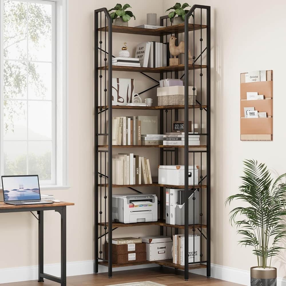 86" 7 Tier Industrial Corner Bookshelf, L-Shaped Bookcase - N/A