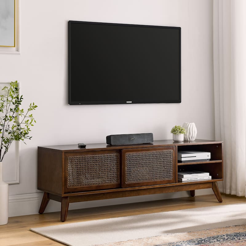 Walnut 59" TV Stand with Open Shelves & Rattan Doors for TVs Up to 65"