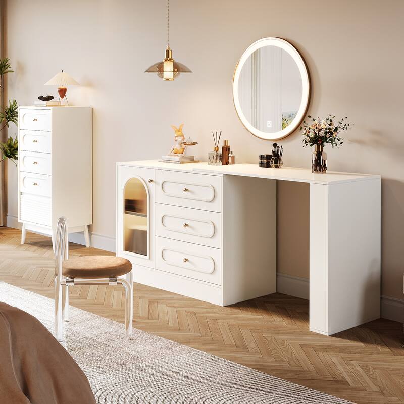 360° Rotatable Vanity Desk with 3 Drawers, Modern White Corner Vanity