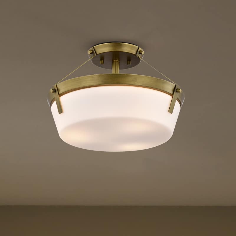 Rowen 4 Light Semi Flush - Natural Brass Finish - Etched White Glass - Natural Brass