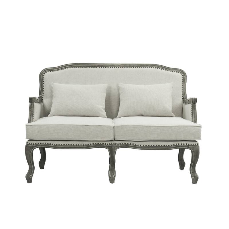 Warn 56 Inch Classic Sofa, Nailhead Trim, Box Cushion, Fabric, Cream, Brown