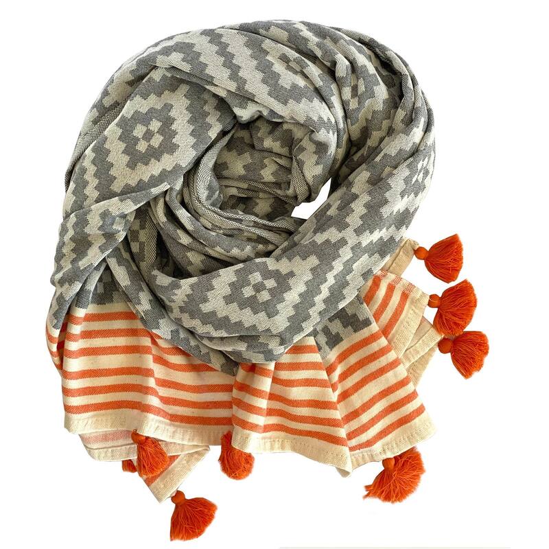 HomeRoots 39" X 71" Gray and Orange Cotton Geometric Turkish Towel Throw Blanket with Tassels