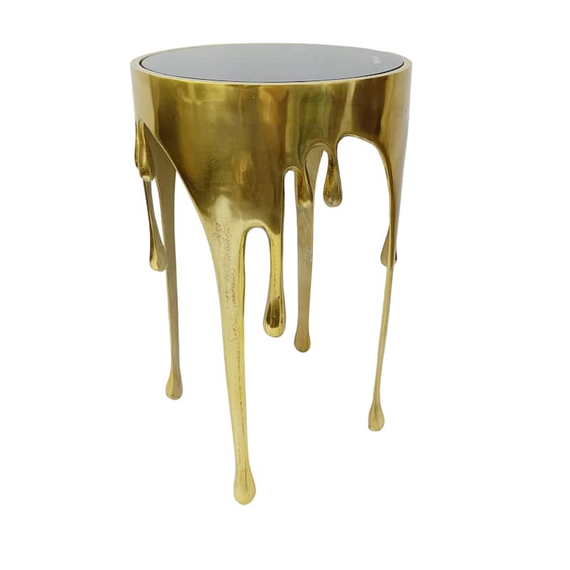 Capri Side End Table, 24.75 Inch Round Glass Top, Melting Drip Design, Antique Gold