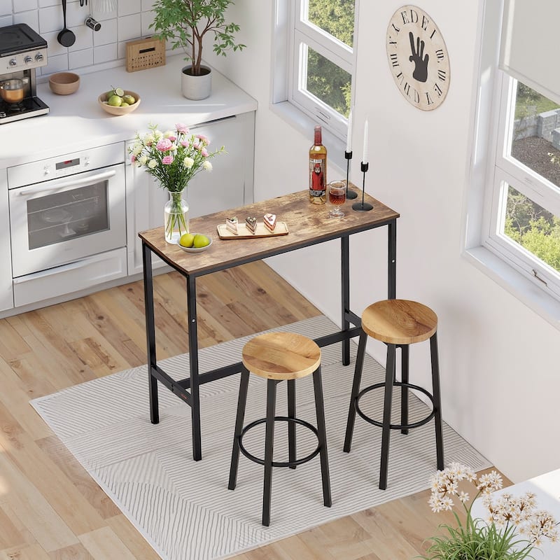 Rustic Brown High Pub Bar Table with Footrest for and Metal Black Frame Home Kitchen Restaurant - 39"L x 16"W x 35.5"H