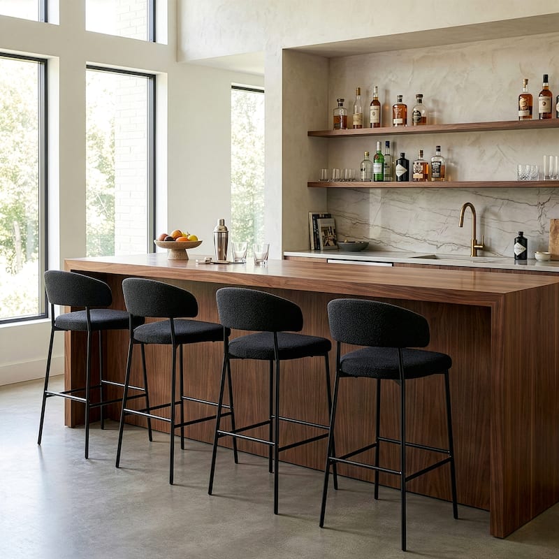 Set of 2 Bennett Black Boucle Upholstered Fabric Bar Stool with Black Iron Legs