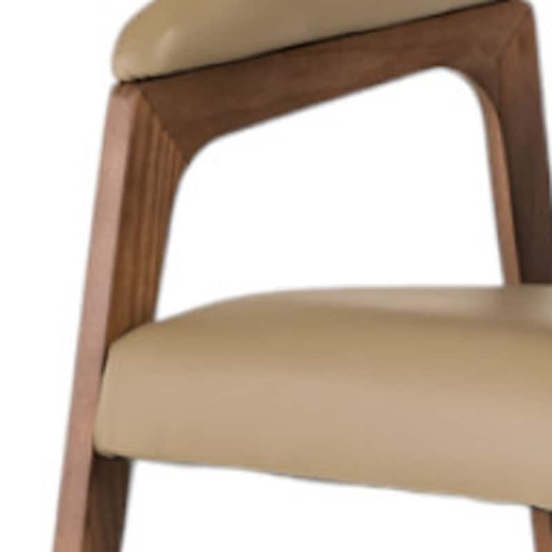 31"Tall Contemporary Dining Armchair in Taupe Faux Leather with Curved Wood Back and Brown Wood Legs - 31"H x 21"W x 24"D