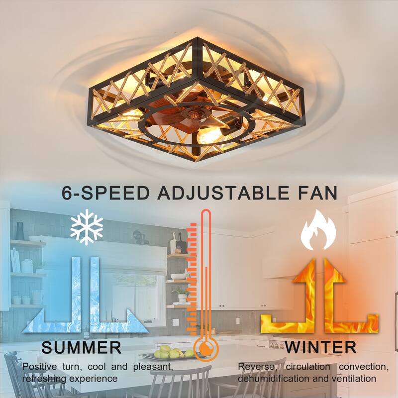 Square Caged Ceiling Fan Light with 3-Speed Adjustable Fan Speed & Remote Control, Reversible Motor Flush Mount Ceiling Fan