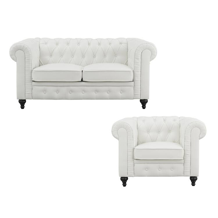 Chesterfield Elegance Collection: Loveseat and Accent Chair with Rolled Arms for Living Room, Office, Reception - White