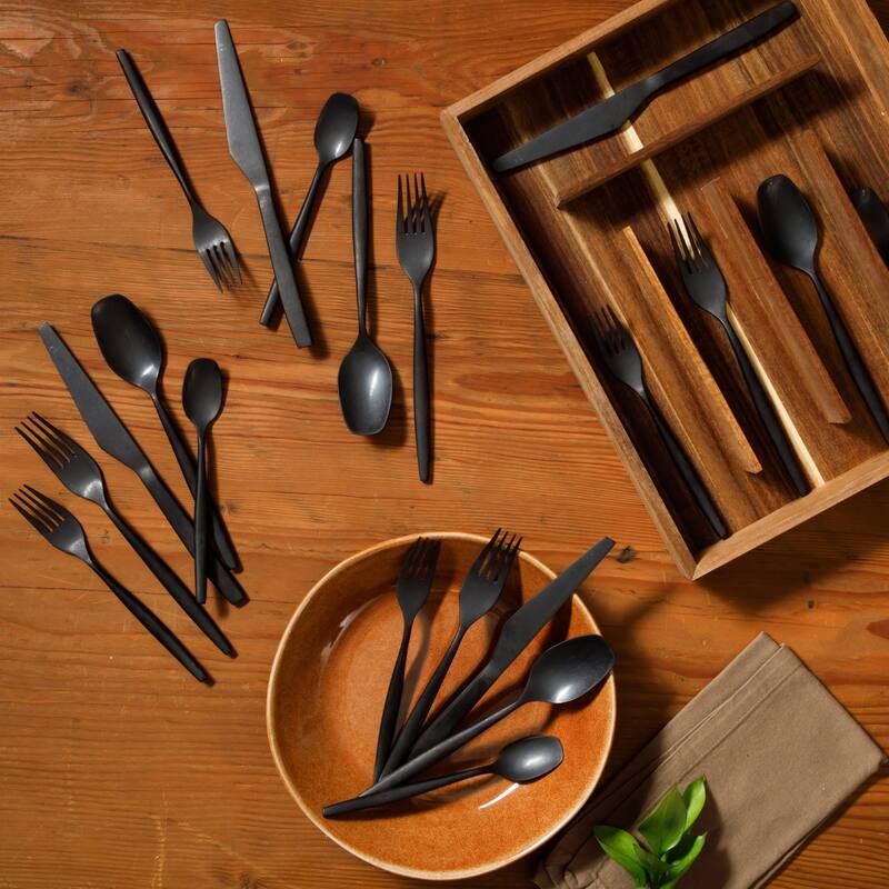 Bloomhouse 20 Piece Flatware 18/10 Stainless Steel Silverware Cutlery Utensil Set With Acacia Wood Caddy - Service for 4