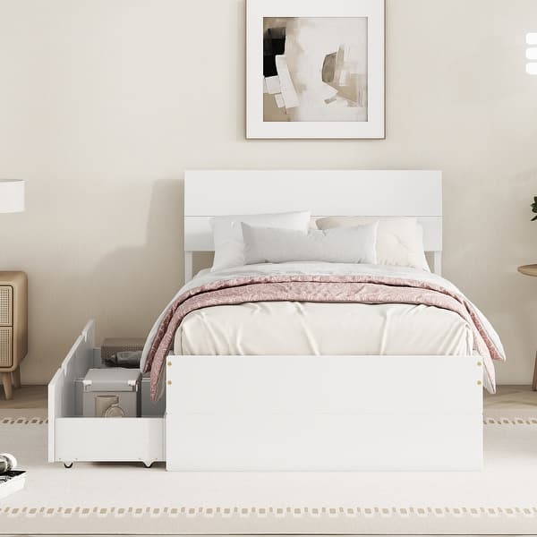 slide 2 of 9, Twin Size Wood Bed Frame with Drawers, Wooden Platform Bed Frame with Headboard and 2 Storage Drawers, for Kids Teens Adults White - Twin