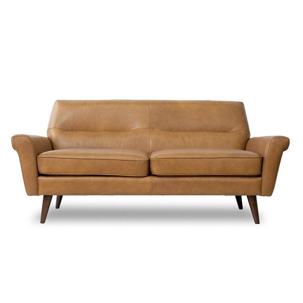 Parma Mid-Century Modern Tight Back Leather Loveseat in Tan - 34"H x 67"W x 36"D