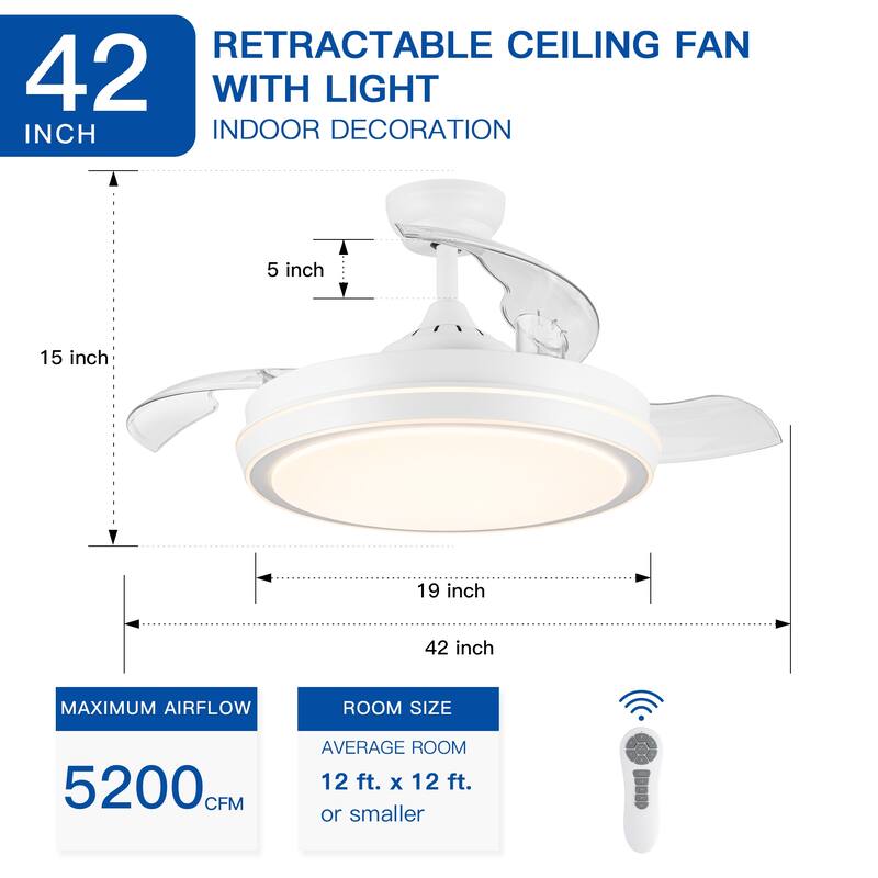 42 in. Black Frame Retractable Ceiling Fan with Remote Control