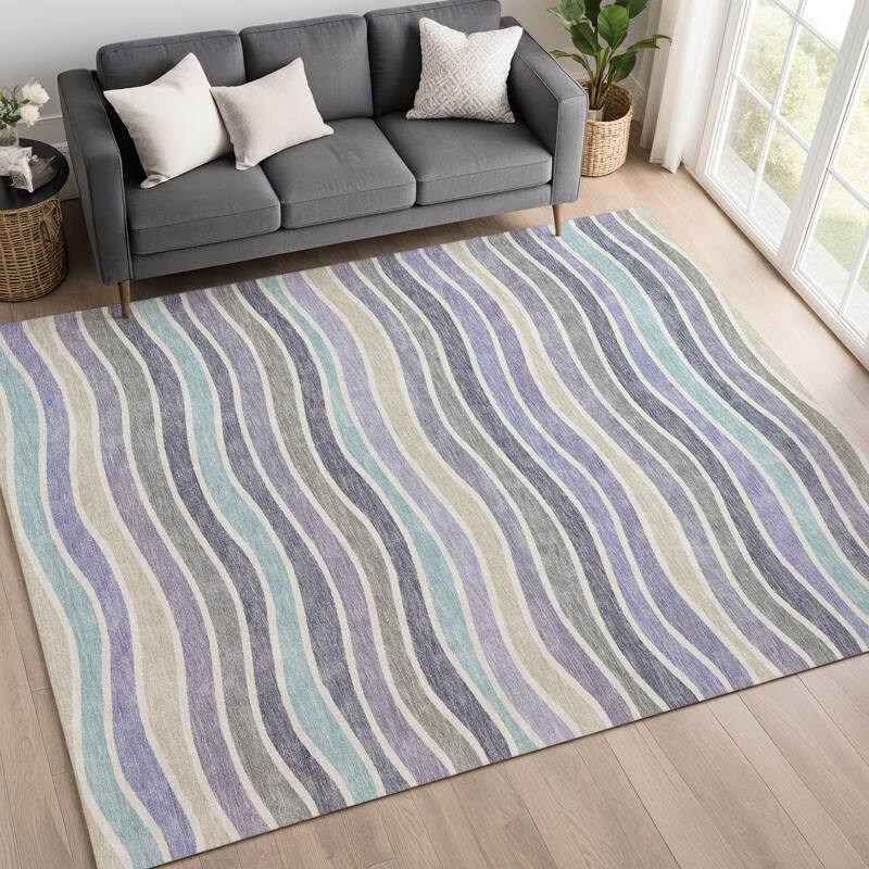Machine Washable Indoor/ Outdoor Contemporary Stripe Chantille Rug